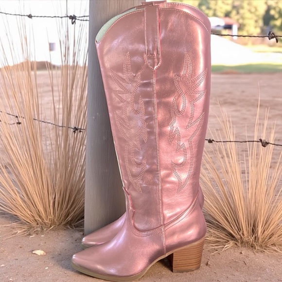 Dream Pairs Shoes - Dream Pairs Pink Metallic Cowboy Boots